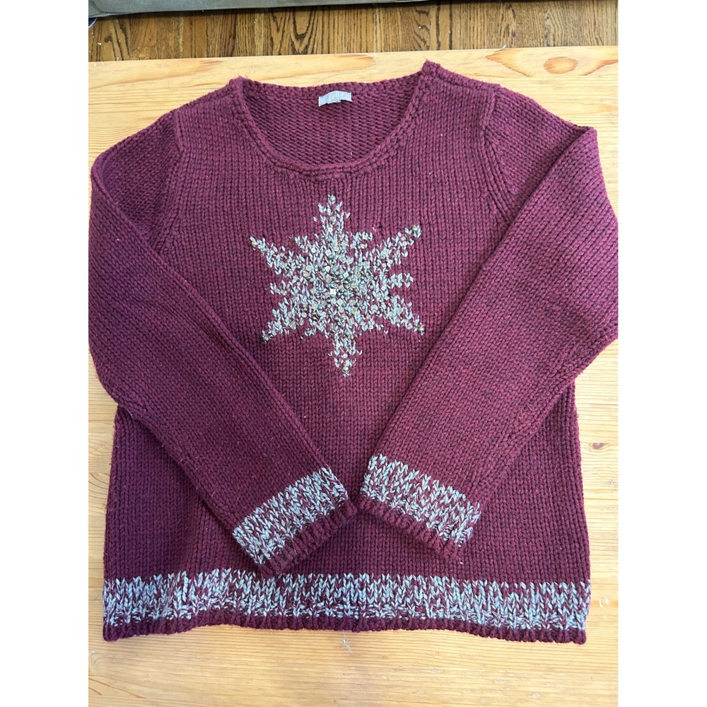 J. Jill Maroon Wool Blend Beaded Snowflake Chunky Knit Sweater Womens Medium